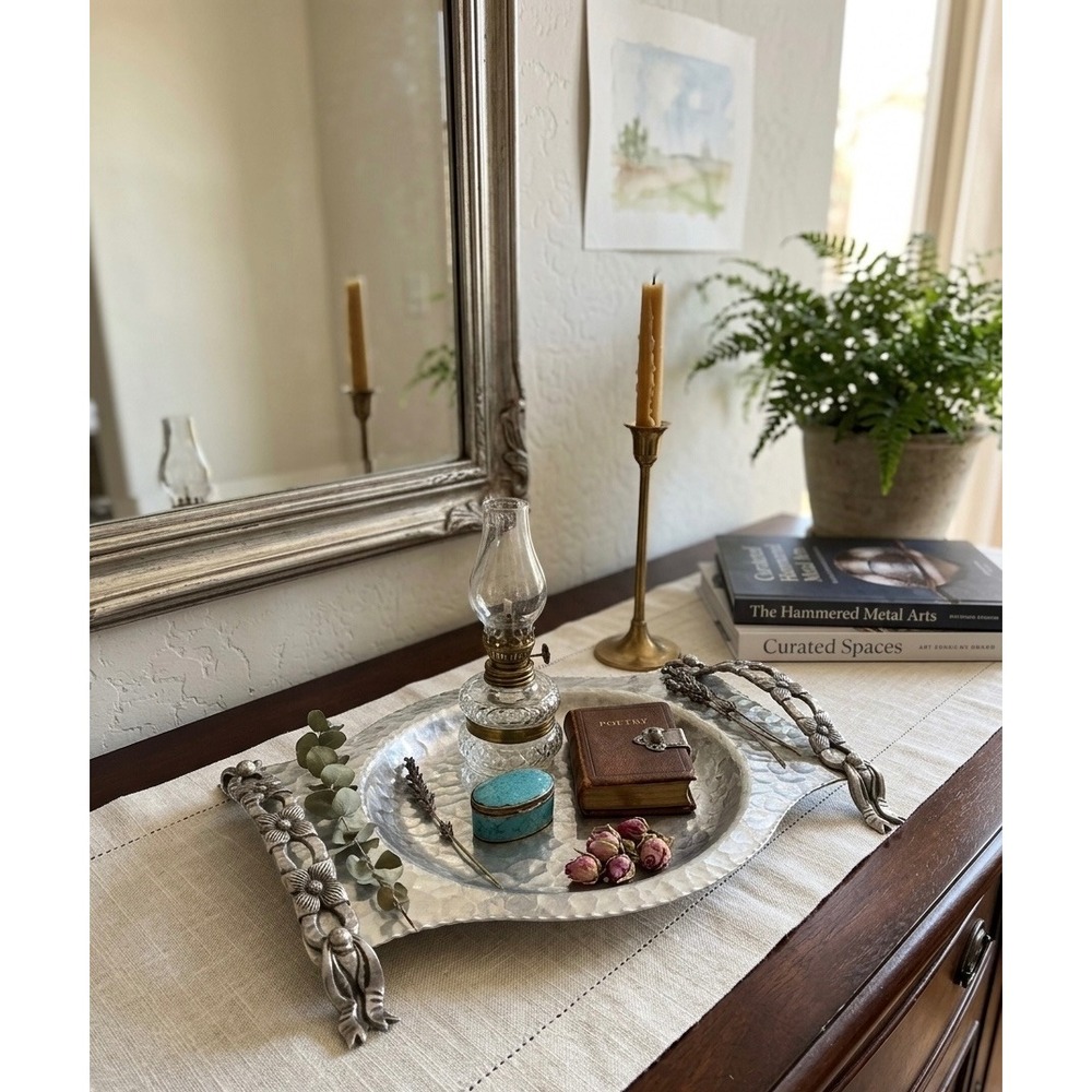 Rodney‎ Kent Hand Wrought Hammered Aluminum Tray Floral Handles 440 Silver 11in